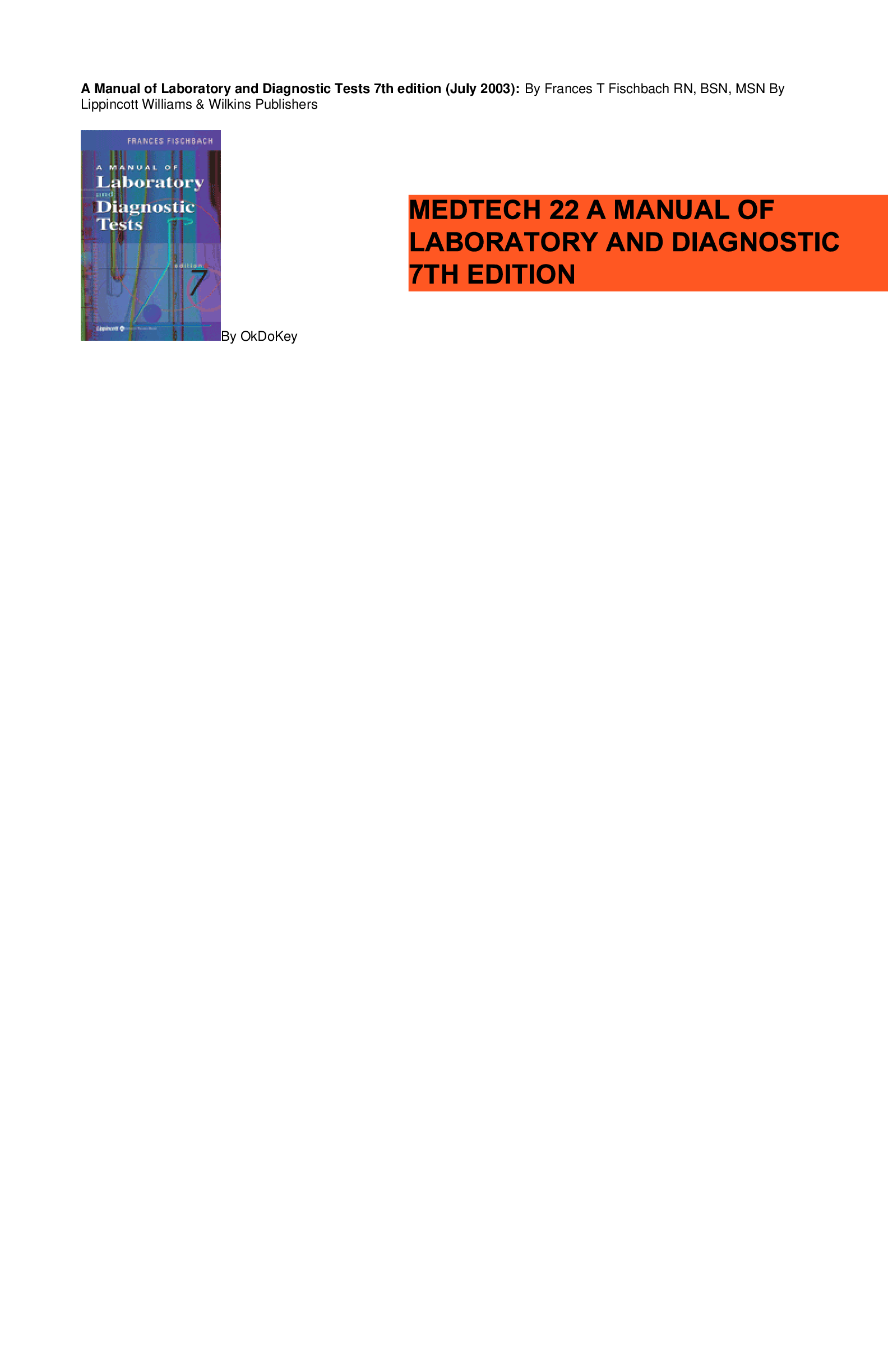 Preview image for MEDTECH22 TEST BANK FOR A Manual of Laboratory and Diagnostic Tests 7th edition Frances T Fischbach